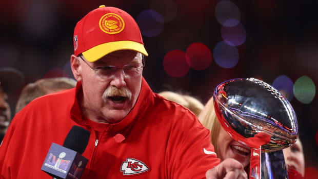 Chiefs coach Andy Reid speaks to the crowd after winning Super Bowl LVIII.